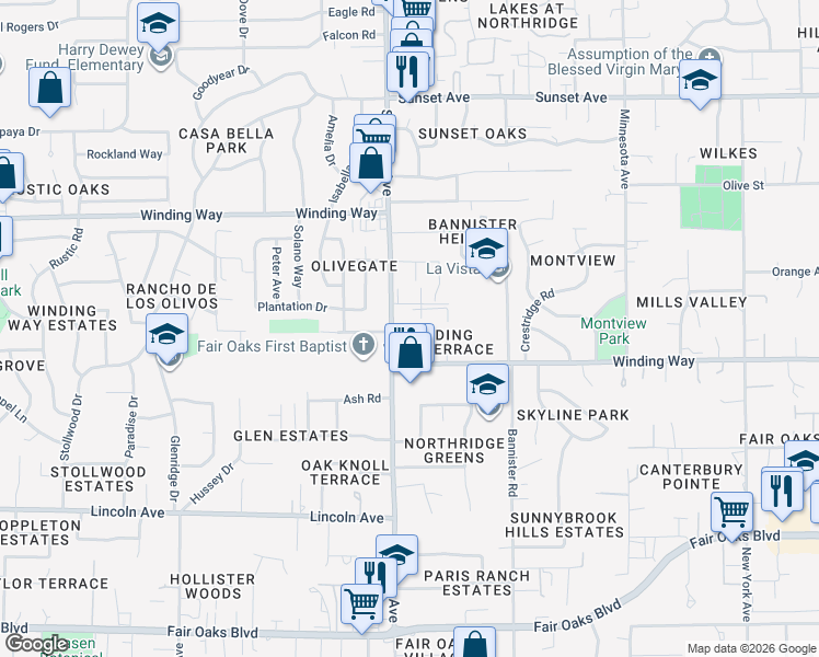 map of restaurants, bars, coffee shops, grocery stores, and more near 4444 San Juan Avenue in Fair Oaks