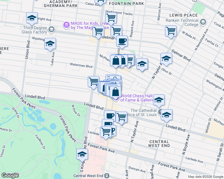 map of restaurants, bars, coffee shops, grocery stores, and more near 325 North Euclid Avenue in St. Louis