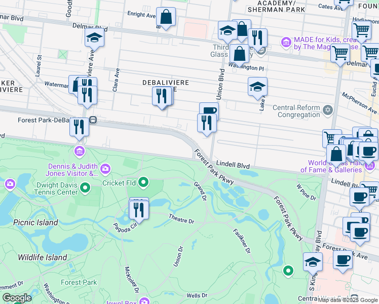 map of restaurants, bars, coffee shops, grocery stores, and more near 5337 Lindell Boulevard in St. Louis