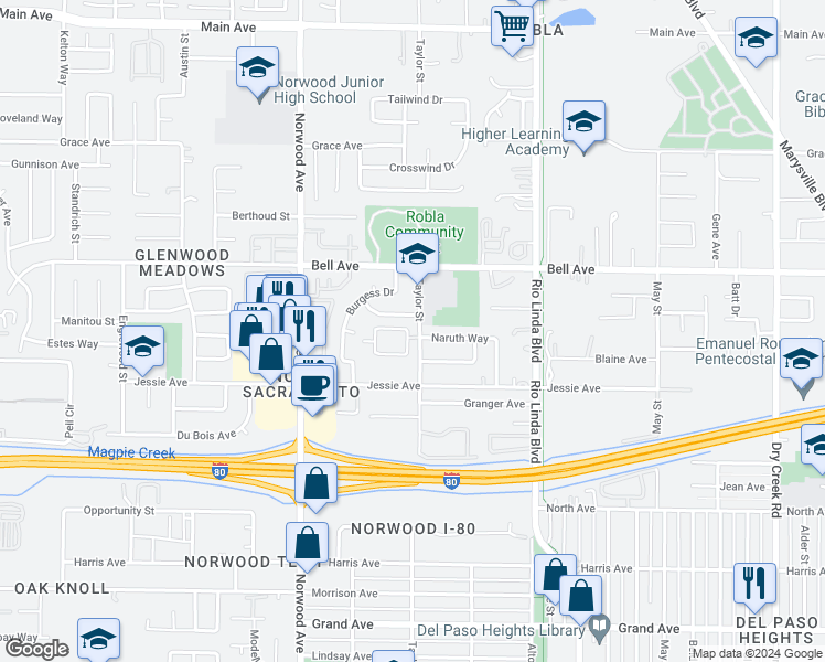 map of restaurants, bars, coffee shops, grocery stores, and more near in Sacramento