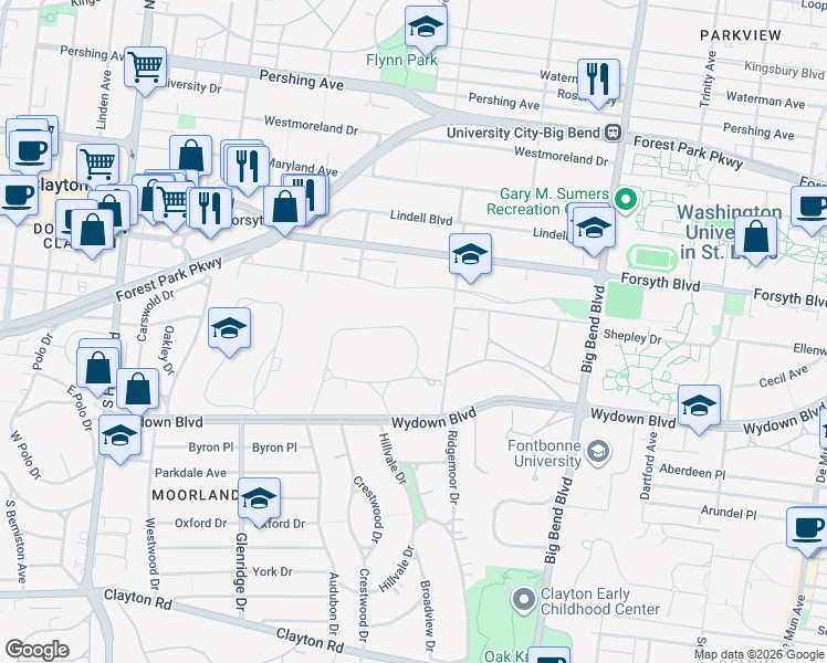 map of restaurants, bars, coffee shops, grocery stores, and more near 31 Brentmoor Park in Clayton