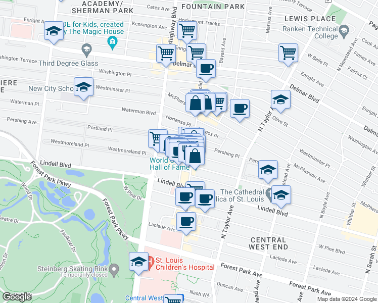 map of restaurants, bars, coffee shops, grocery stores, and more near 4668 Pershing Place in St. Louis