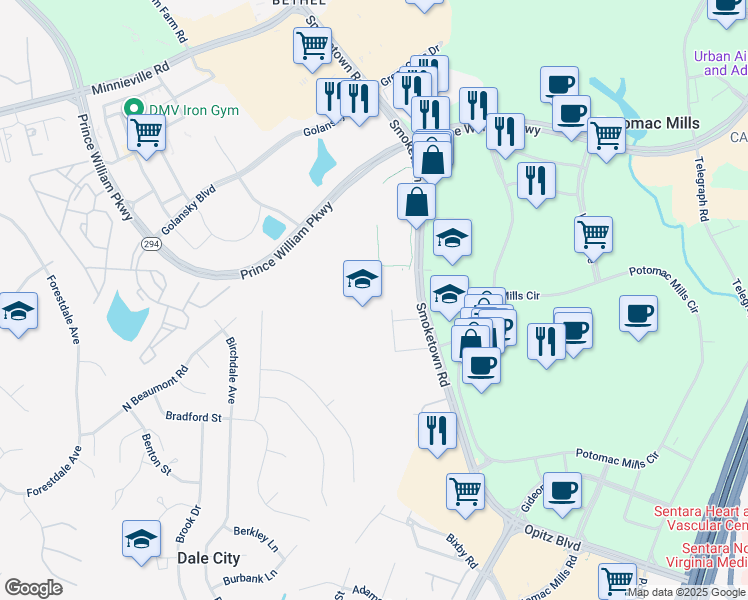 map of restaurants, bars, coffee shops, grocery stores, and more near 14000 Smoketown Road in Woodbridge