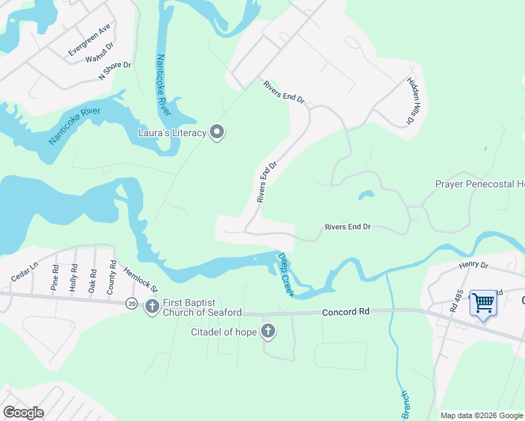 map of restaurants, bars, coffee shops, grocery stores, and more near 32 Rivers End Drive in Seaford