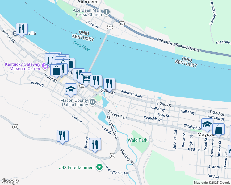 map of restaurants, bars, coffee shops, grocery stores, and more near 301 East 2nd Street in Maysville