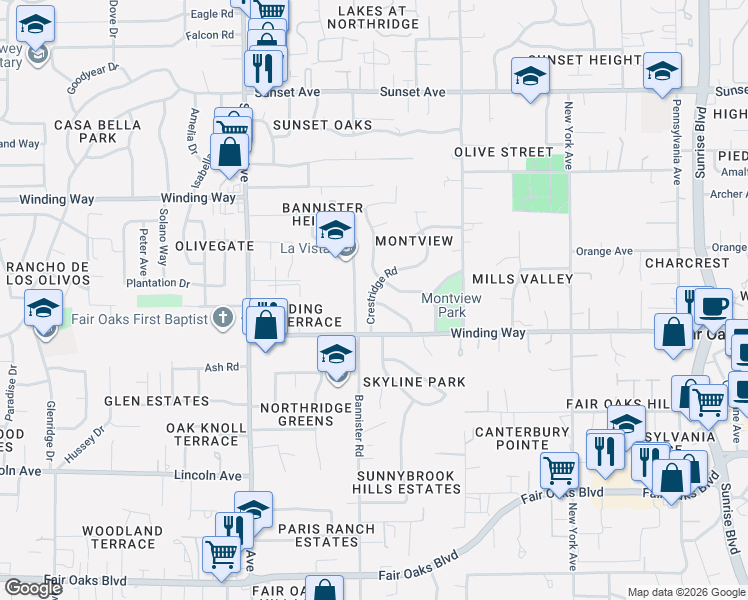 map of restaurants, bars, coffee shops, grocery stores, and more near 7601 Palisade Way in Fair Oaks