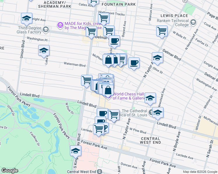 map of restaurants, bars, coffee shops, grocery stores, and more near 4664 Pershing Place in St. Louis