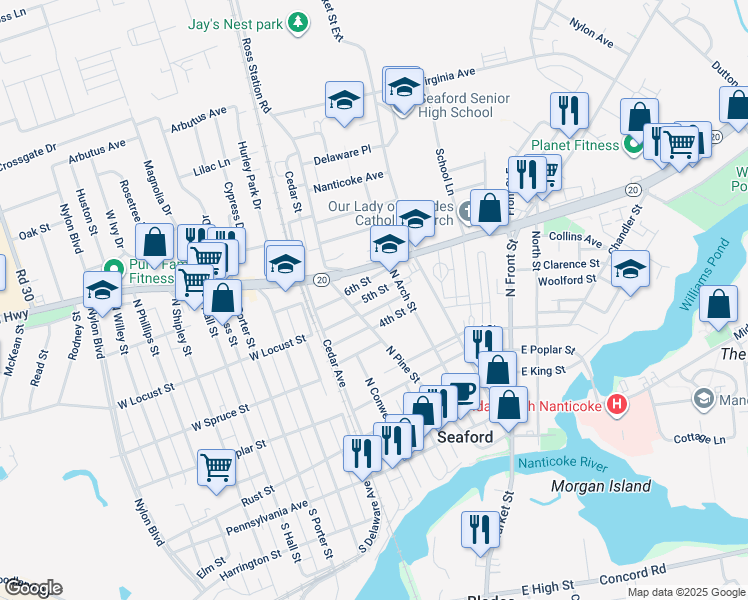 map of restaurants, bars, coffee shops, grocery stores, and more near 307 5th Street in Seaford