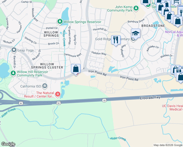 map of restaurants, bars, coffee shops, grocery stores, and more near Iron Point Rd in Folsom