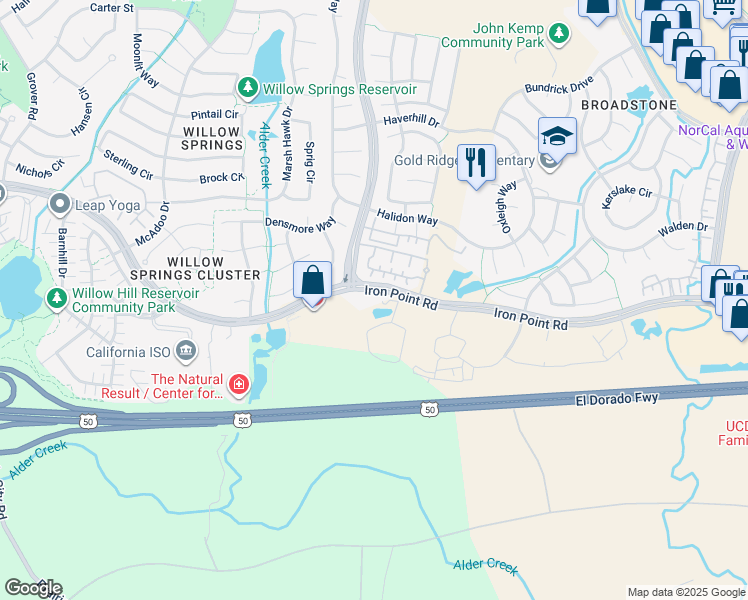 map of restaurants, bars, coffee shops, grocery stores, and more near Iron Point Rd in Folsom