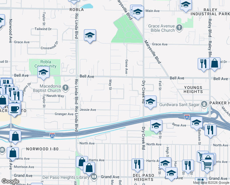 map of restaurants, bars, coffee shops, grocery stores, and more near 4266 May Street in Sacramento