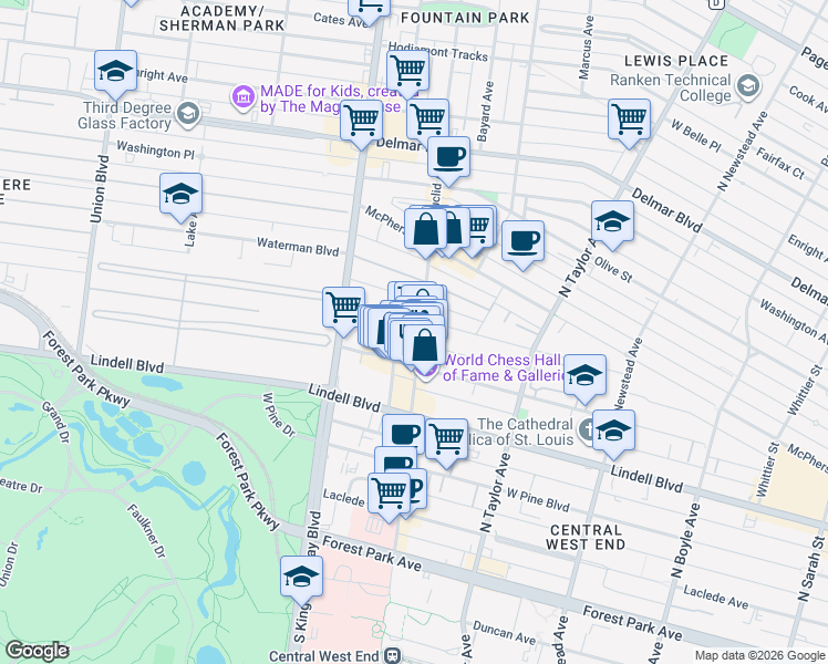 map of restaurants, bars, coffee shops, grocery stores, and more near 4668 Pershing Place in St. Louis