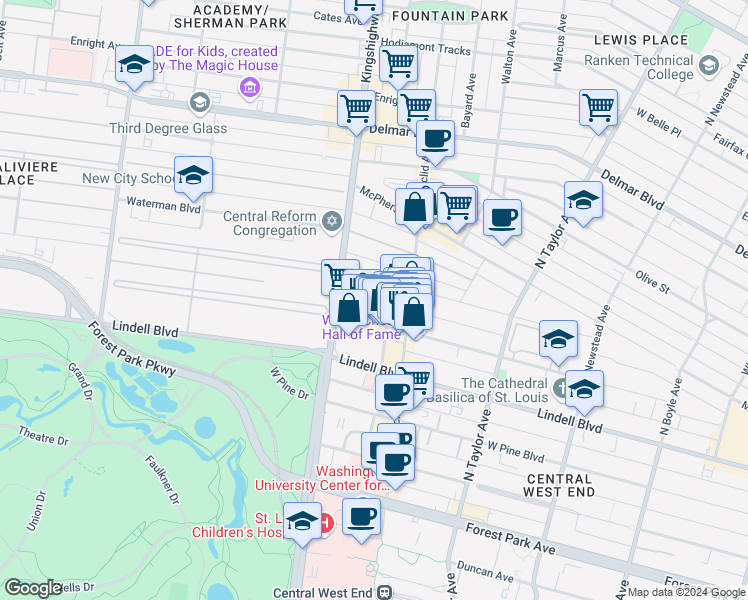 map of restaurants, bars, coffee shops, grocery stores, and more near 4930 Pershing Place in St. Louis