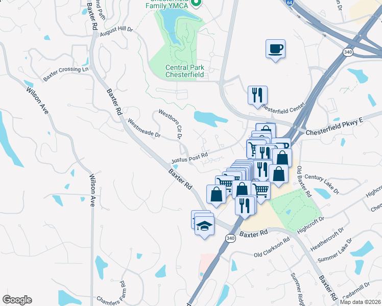 map of restaurants, bars, coffee shops, grocery stores, and more near 1577 Walpole Drive in Chesterfield