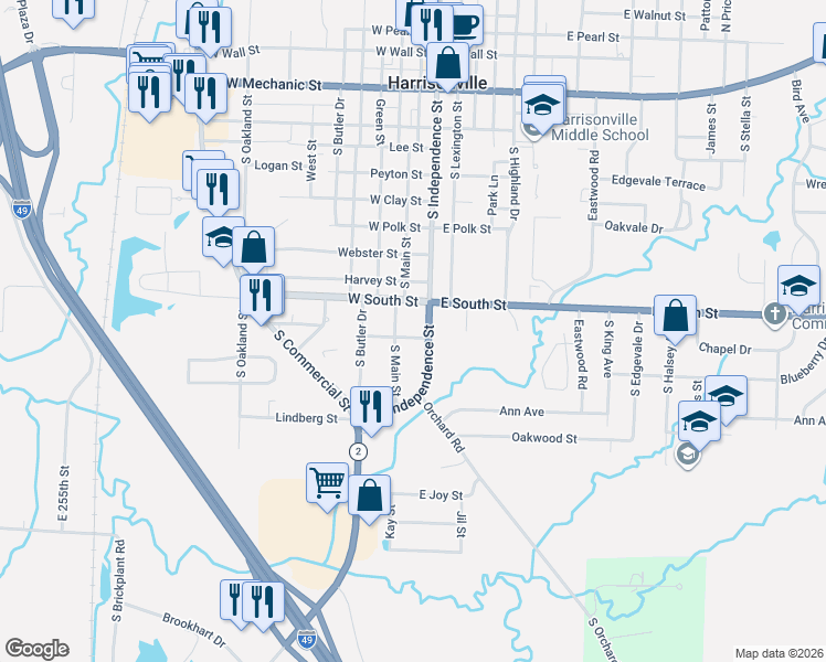 map of restaurants, bars, coffee shops, grocery stores, and more near 1307 South Main Street in Harrisonville