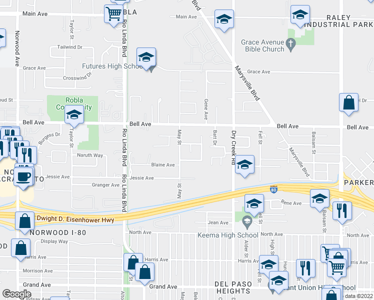 map of restaurants, bars, coffee shops, grocery stores, and more near 4266 May Street in Sacramento
