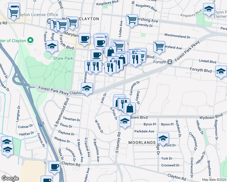 map of restaurants, bars, coffee shops, grocery stores, and more near 7720 Shirley Drive in Clayton