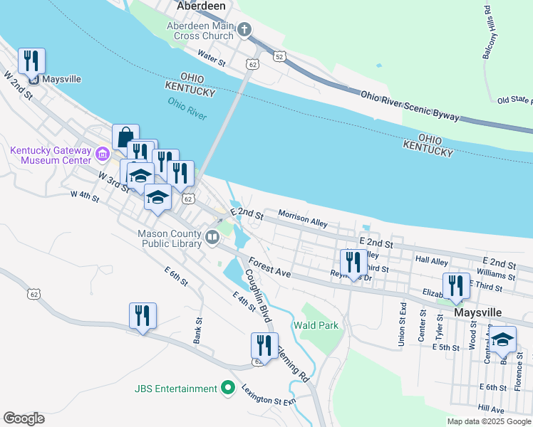 map of restaurants, bars, coffee shops, grocery stores, and more near 301 East 2nd Street in Maysville