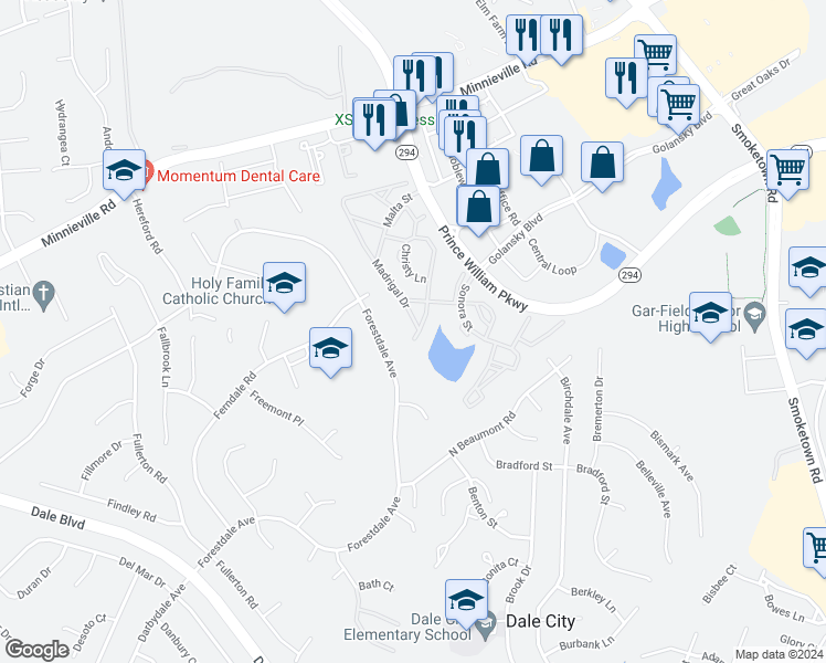 map of restaurants, bars, coffee shops, grocery stores, and more near 14236 Madrigal Drive in Woodbridge