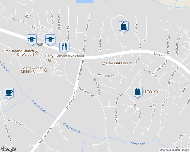 map of restaurants, bars, coffee shops, grocery stores, and more near 10351 Kentsdale Drive in Waldorf