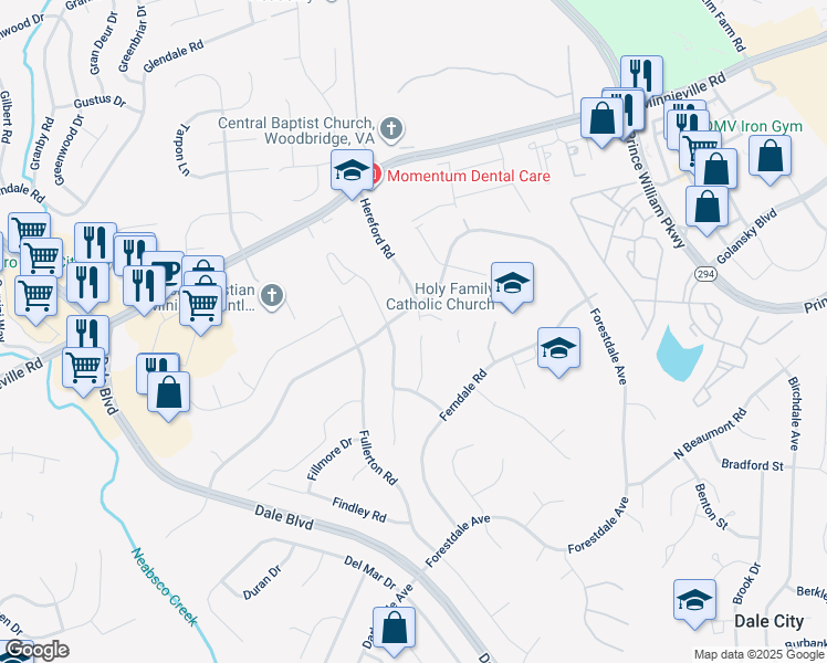 map of restaurants, bars, coffee shops, grocery stores, and more near 14286 Fontana Court in Woodbridge