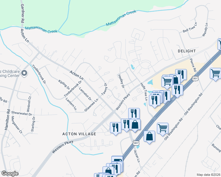 map of restaurants, bars, coffee shops, grocery stores, and more near 2120 Tanglewood Drive in Waldorf