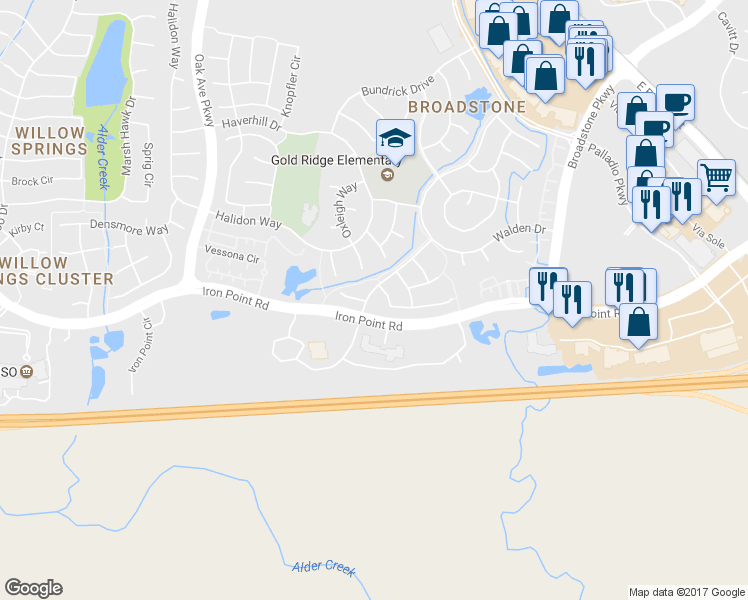 map of restaurants, bars, coffee shops, grocery stores, and more near 108 Rowberry Drive in Folsom