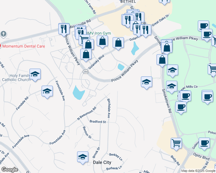 map of restaurants, bars, coffee shops, grocery stores, and more near 3243 Gina Place in Woodbridge