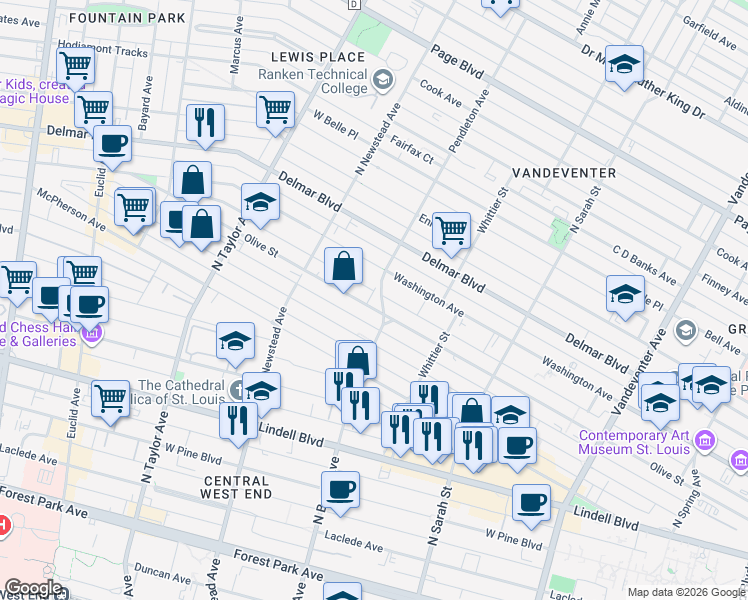 map of restaurants, bars, coffee shops, grocery stores, and more near 4291 Olive Street in St. Louis