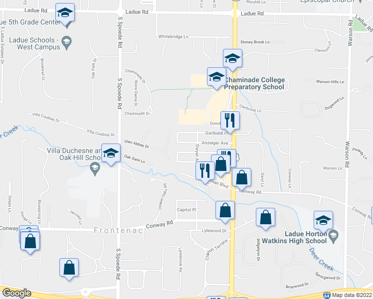 map of restaurants, bars, coffee shops, grocery stores, and more near 10467 Savannah Avenue in Frontenac