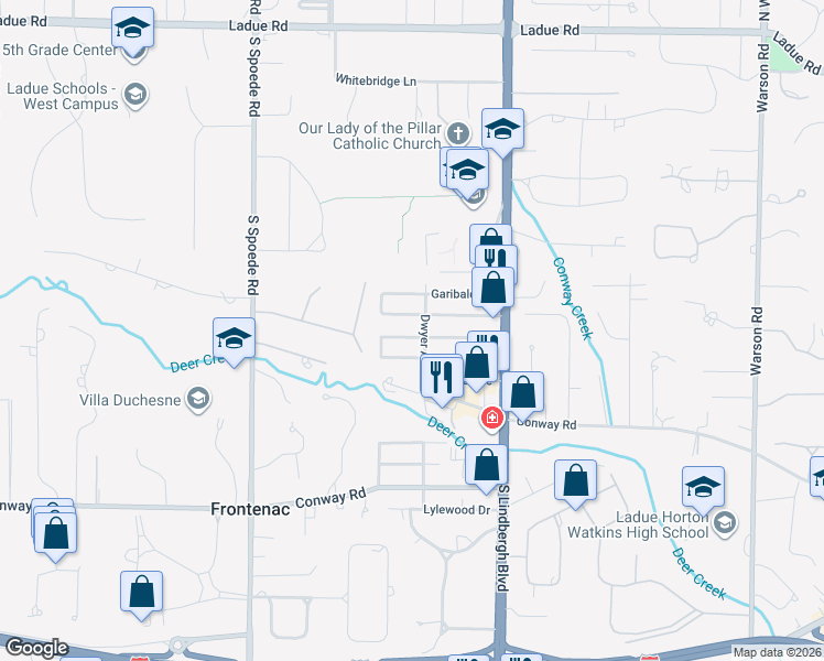map of restaurants, bars, coffee shops, grocery stores, and more near 10461 Savannah Avenue in Frontenac