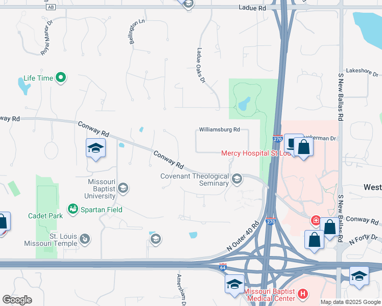 map of restaurants, bars, coffee shops, grocery stores, and more near 10 Williamsburg Road in Creve Coeur