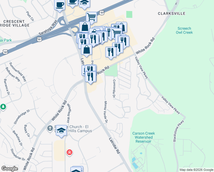 map of restaurants, bars, coffee shops, grocery stores, and more near 4049 Monte Verde Drive in El Dorado Hills