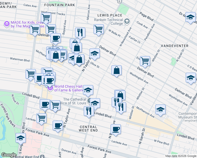 map of restaurants, bars, coffee shops, grocery stores, and more near 4416 Westminster Place in St. Louis