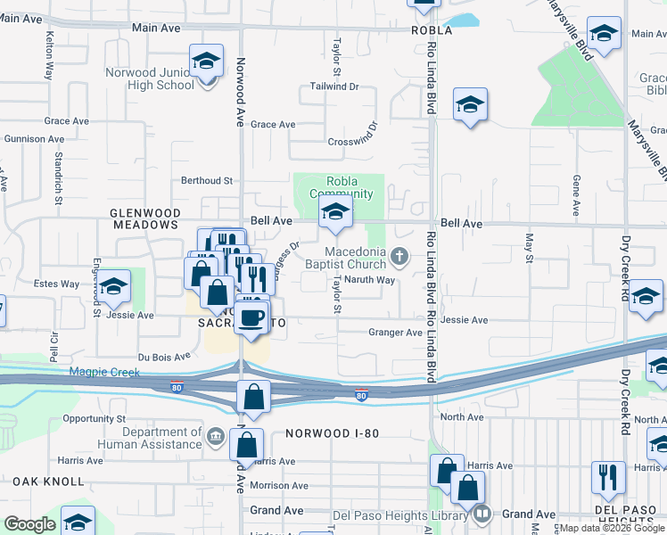 map of restaurants, bars, coffee shops, grocery stores, and more near 4300 Taylor Street in Sacramento