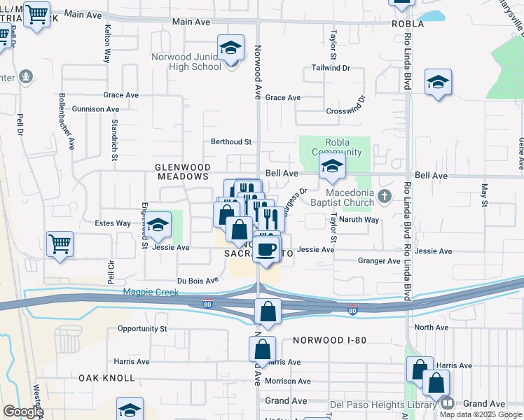map of restaurants, bars, coffee shops, grocery stores, and more near 4318 Norwood Avenue in Sacramento