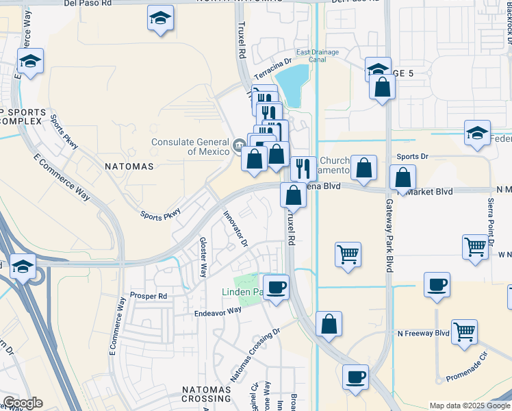 map of restaurants, bars, coffee shops, grocery stores, and more near 3949 Truxel Rd in Sacramento
