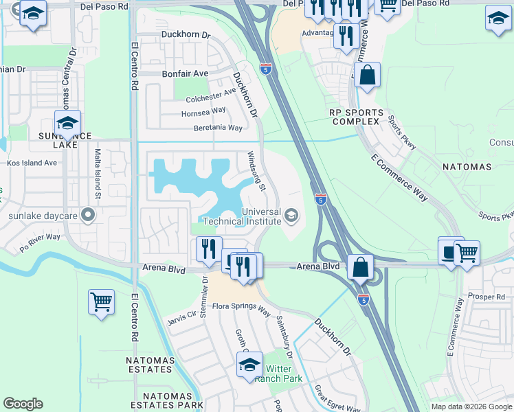 map of restaurants, bars, coffee shops, grocery stores, and more near 4117 Windsong Street in Sacramento
