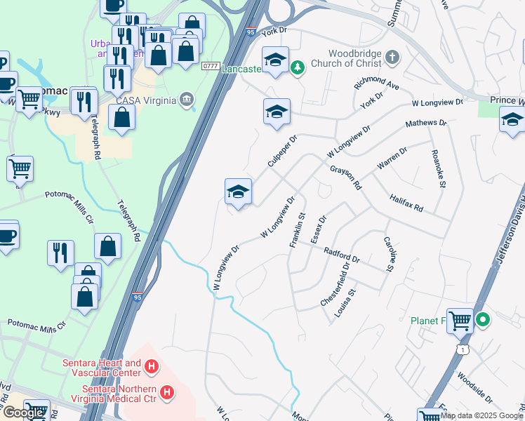map of restaurants, bars, coffee shops, grocery stores, and more near 14000 Grayson Rd in Woodbridge