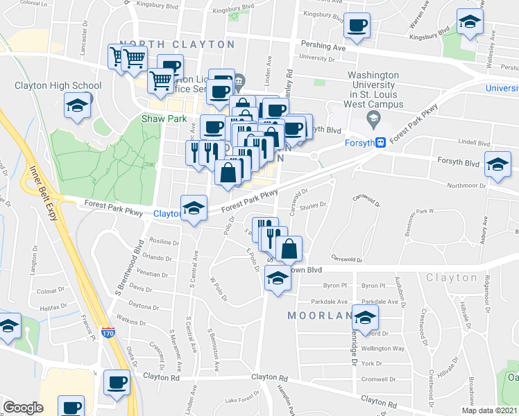 map of restaurants, bars, coffee shops, grocery stores, and more near 7720 Shirley Drive in Clayton