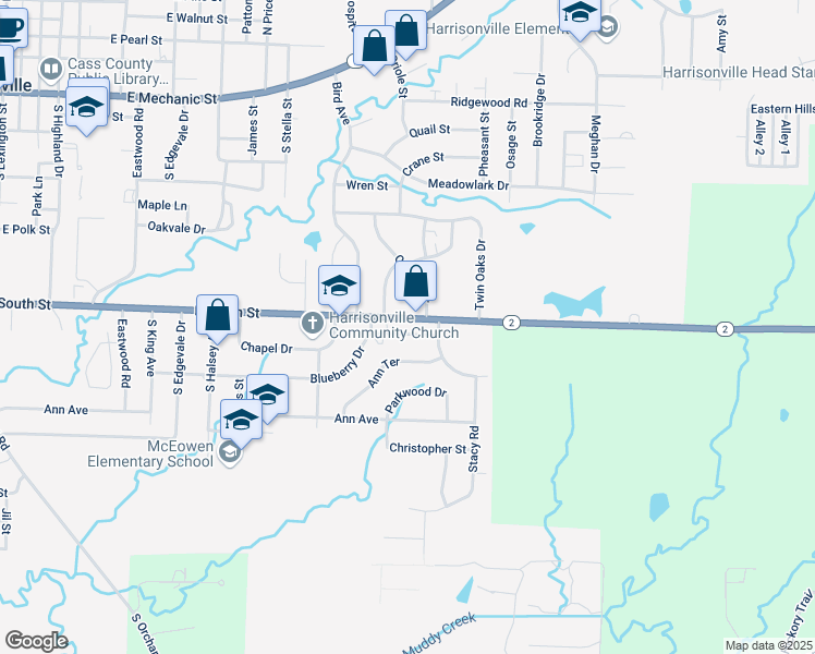 map of restaurants, bars, coffee shops, grocery stores, and more near 2002 Chateau Drive in Harrisonville