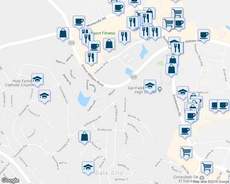 map of restaurants, bars, coffee shops, grocery stores, and more near 3243 Gina Place in Woodbridge