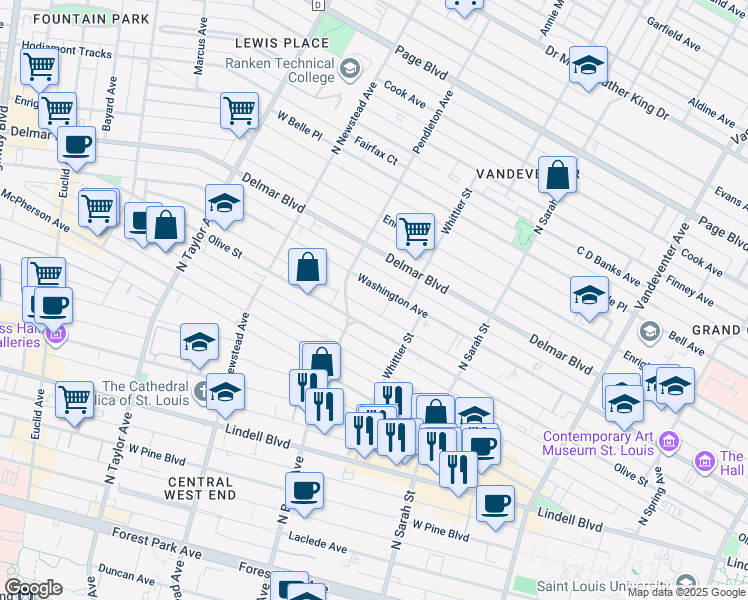 map of restaurants, bars, coffee shops, grocery stores, and more near 4256 Washington Boulevard in Saint Louis