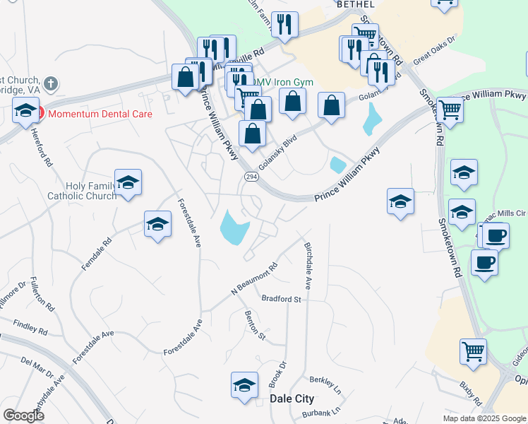 map of restaurants, bars, coffee shops, grocery stores, and more near 3346 Nadia Loop in Woodbridge