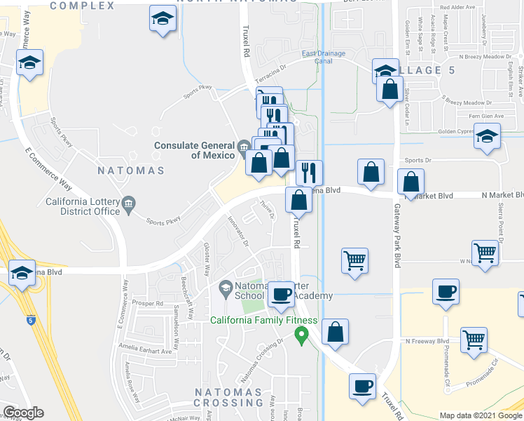 map of restaurants, bars, coffee shops, grocery stores, and more near 3949 Truxel Road in Sacramento