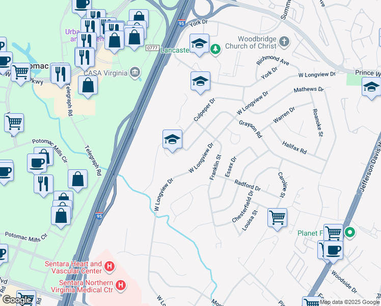 map of restaurants, bars, coffee shops, grocery stores, and more near 14000 Grayson Rd in Woodbridge