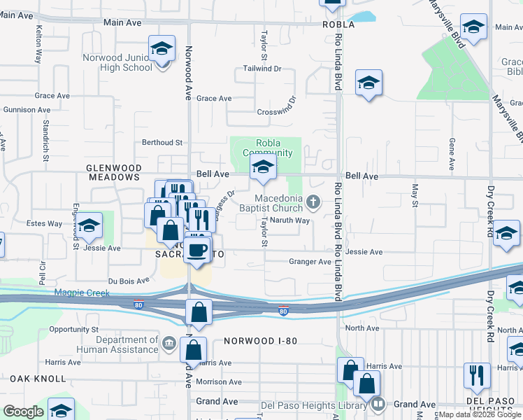 map of restaurants, bars, coffee shops, grocery stores, and more near 4300 Taylor Street in Sacramento