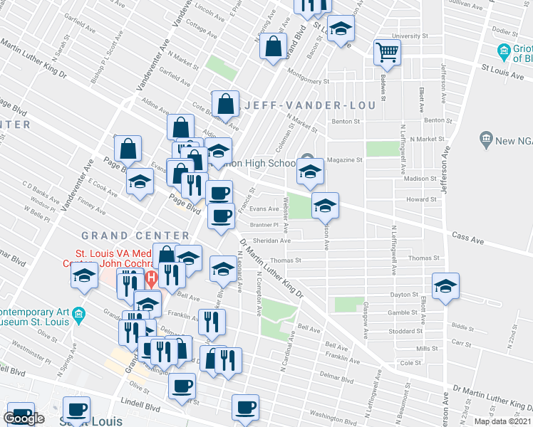 map of restaurants, bars, coffee shops, grocery stores, and more near 3126 Evans Avenue in St. Louis