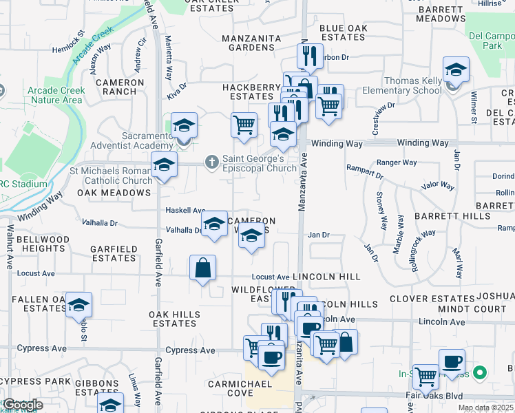 map of restaurants, bars, coffee shops, grocery stores, and more near 5731 Haskell Avenue in Carmichael