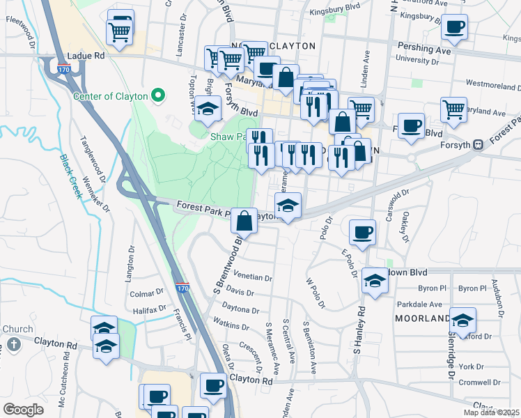 map of restaurants, bars, coffee shops, grocery stores, and more near 250 South Brentwood Boulevard in Clayton